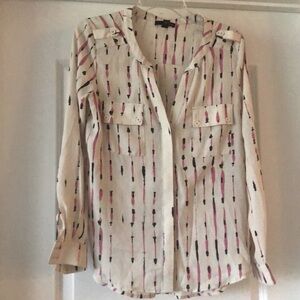 Aqua button down blouse with pink pattern